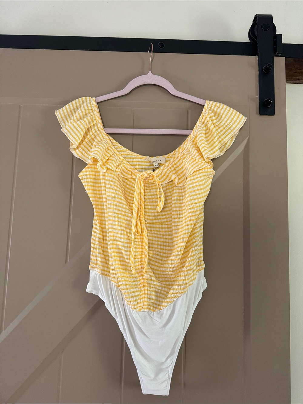 Yellow Gingham Ruffle Tie-Front Bodysuit by Unknown Brand NEW NEVER WORN
